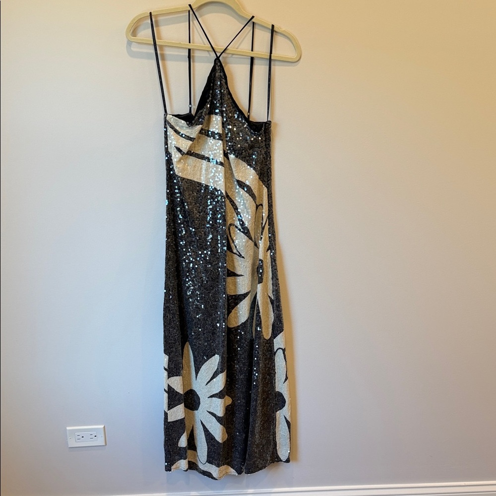 FARM Rio Black and White Sequin Backless Dress